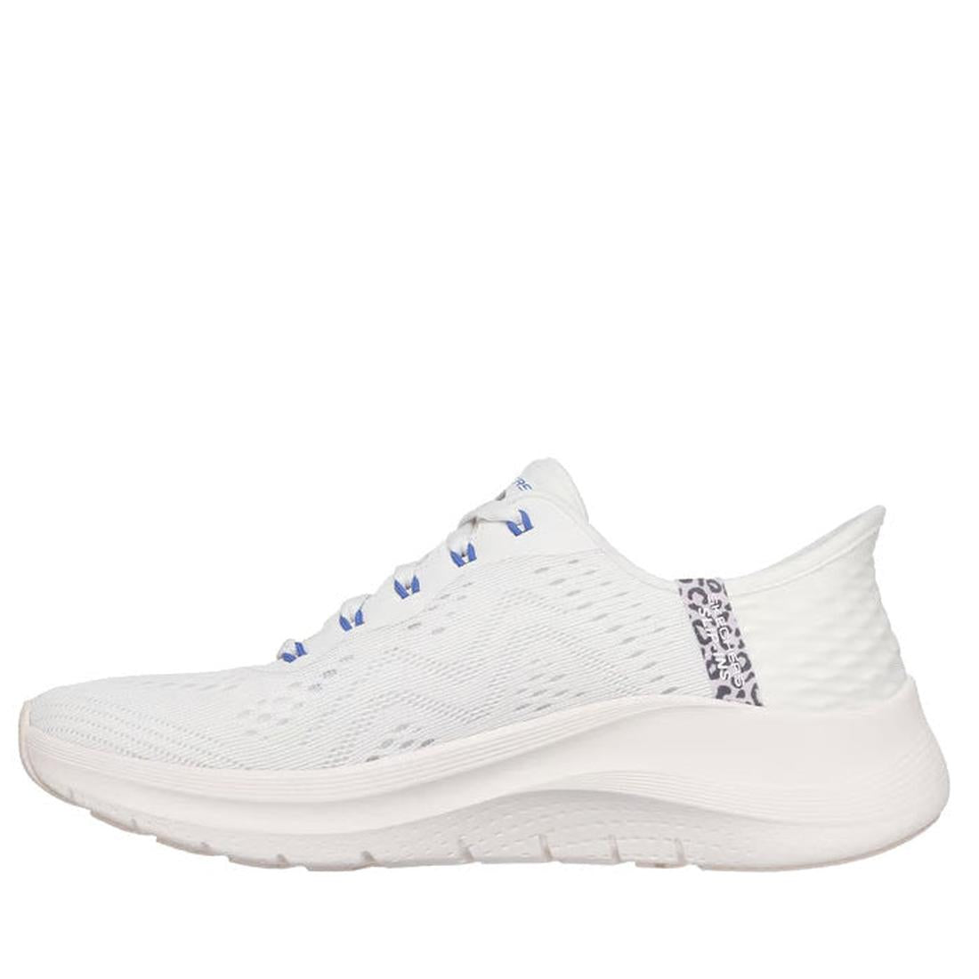 The Skechers Arch Fit 2.0 Slip In Spotted Grace White Blue is a white athletic sneaker with a textured sole, light blue lace eyelets, patterned heel detail, and Hands Free Slip-ins tech, shown from the side on a plain white background., 48793, 48794, 1990