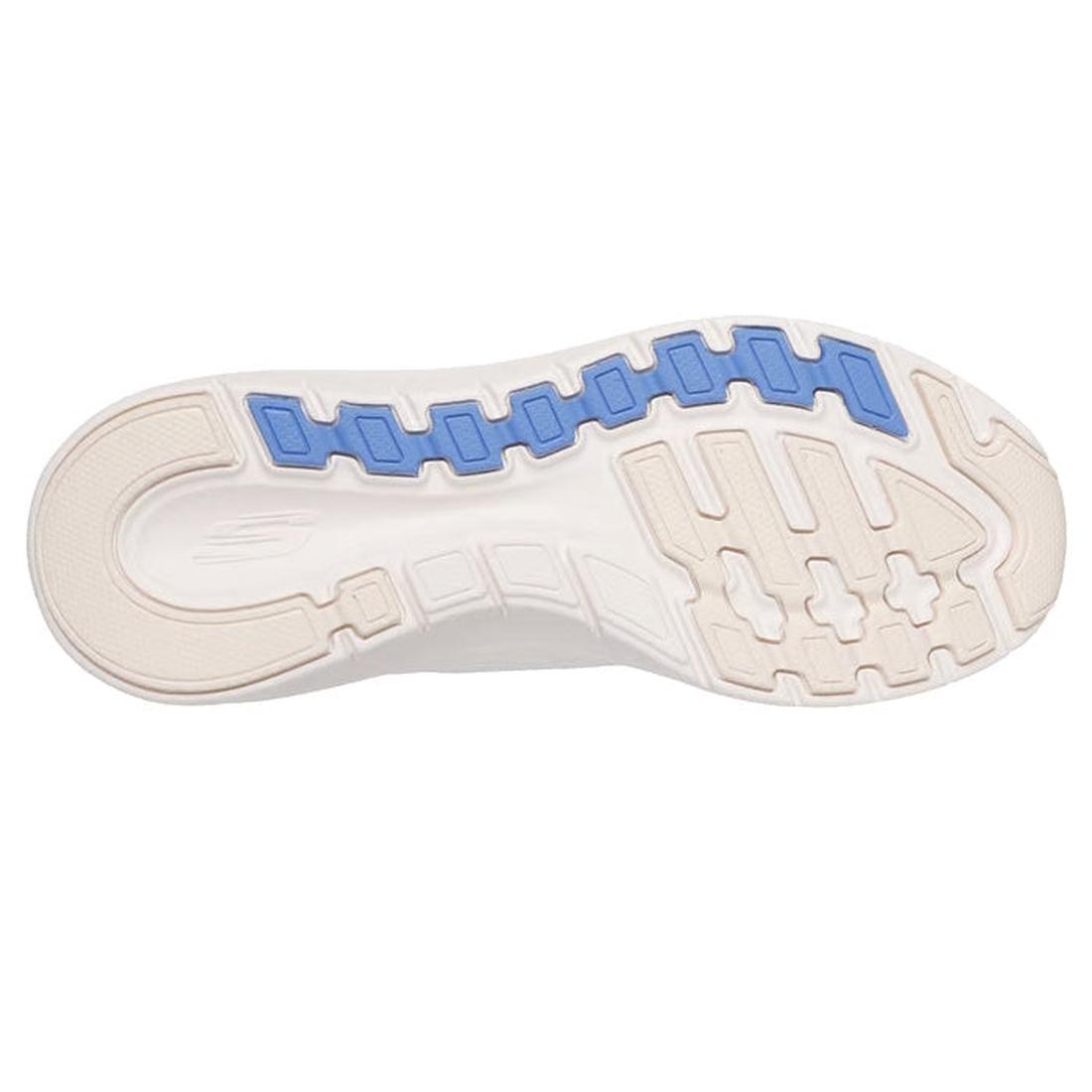 The image shows the bottom view of a Skechers Arch Fit 2.0 Slip In Spotted Grace White Blue sole, featuring blue rectangular grip sections near the toe and various textured patterns for traction., 48793, 48794, 199025962681, 48796, 199025962704, 48798, 19