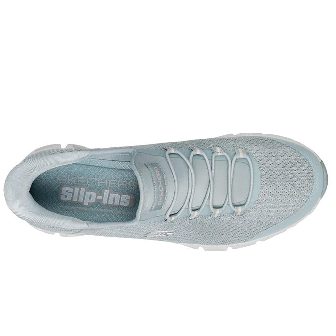 Top view of Skechers Womens Slip Ins Glide Step Pursuit Sage Sneakers featuring a light blue mesh upper, elastic laces, Air-Cooled Memory Foam insole, and visible Skechers branding on the insole and tongue., 199025100960, 199025100984, 48989, 199025101004