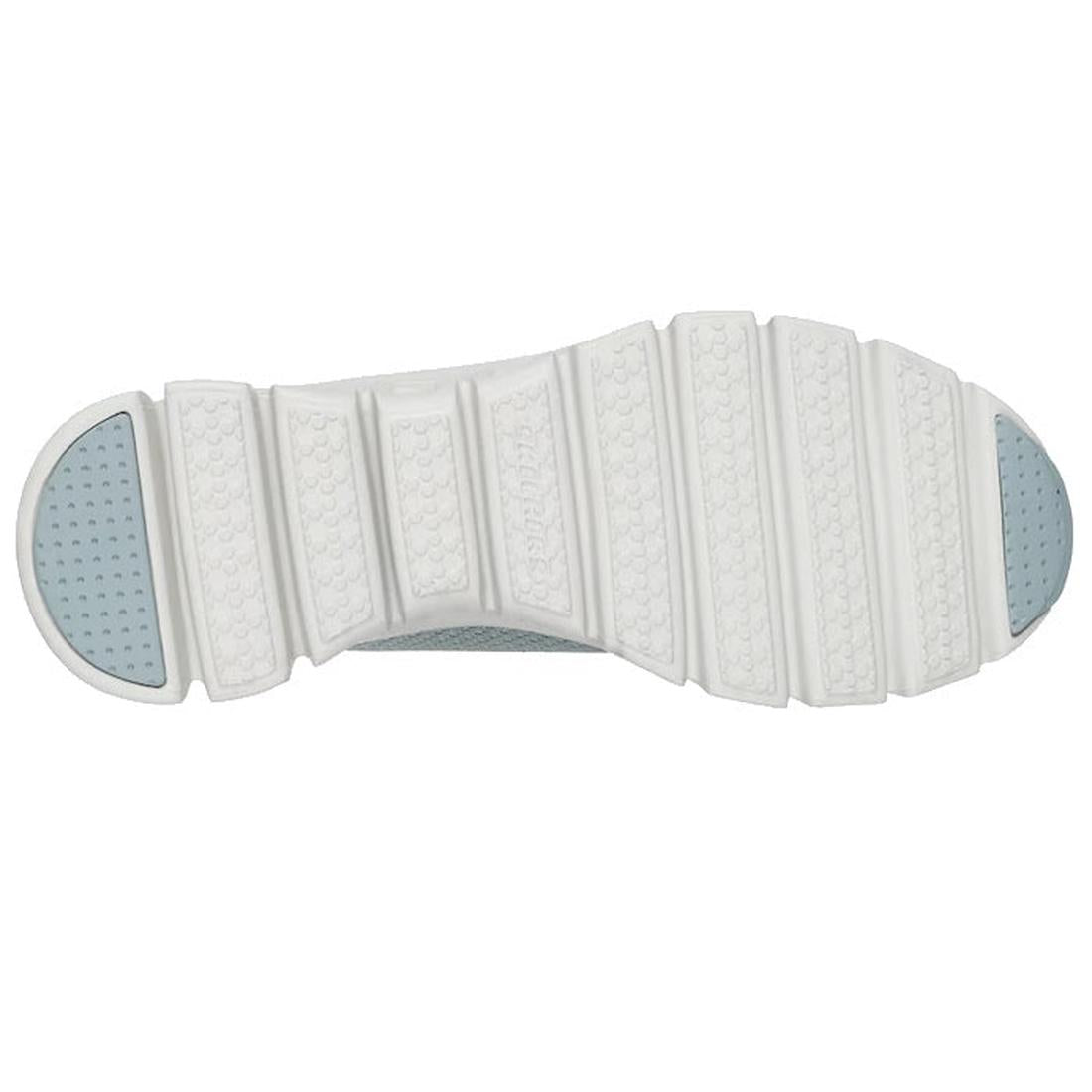 The image shows the underside of a white Skechers Womens Slip-Ins Glide Step Pursuit Sage sneaker sole with segmented, textured rubber sections and light blue accents on the toe and heel., 199025100960, 199025100984, 48989, 199025101004, 48991, 1990251010