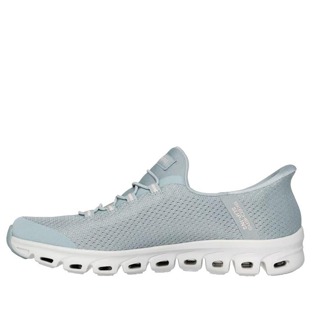 The Skechers Womens Slip Ins Glide Step Pursuit Sage Sneakers are athletic vegan shoes in light blue, featuring a mesh upper, white ventilated sole, low-cut design, minimal heel branding, and Air-Cooled Memory Foam for comfort., 199025100960, 199025100984