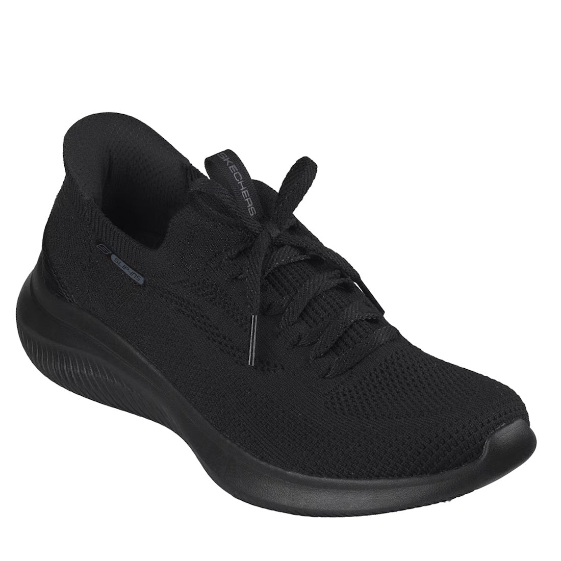 The Skechers Ultra Flex 4.0 Black WIDE WIDTH is a black athletic sneaker with a knit upper, lace-up front, lightweight textured sole, Air-Cooled Memory Foam for comfort, low-cut design, and a small side brand tag.