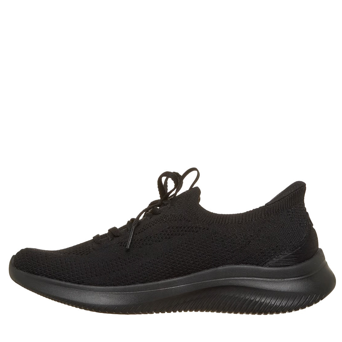 The Skechers Ultra Flex 4.0 Black WIDE WIDTH is a black athletic sneaker with a knit upper, lace-up closure, textured chunky rubber sole, and Air-Cooled Memory Foam, shown in side profile on a white background., 51725, 51726, 199025951999, 51728, 19902595