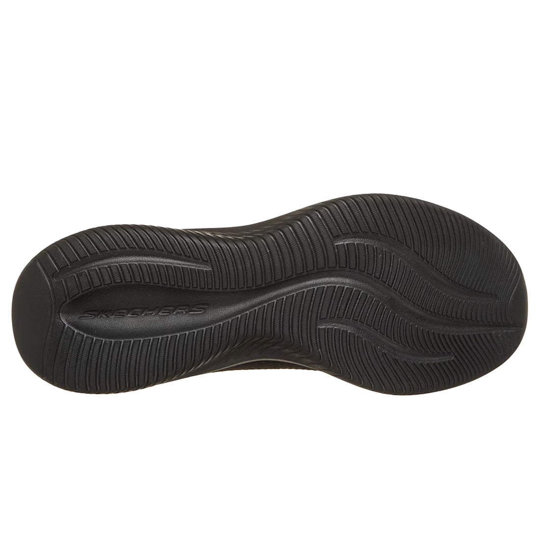 The image displays the black rubber outsole of the Skechers Ultra Flex 4.0 Black WIDE WIDTH vegan slip-on shoe, featuring textured wavy grooves for traction and an embossed Skechers logo near the heel., 51725, 51726, 199025951999, 51728, 199025952019, 517