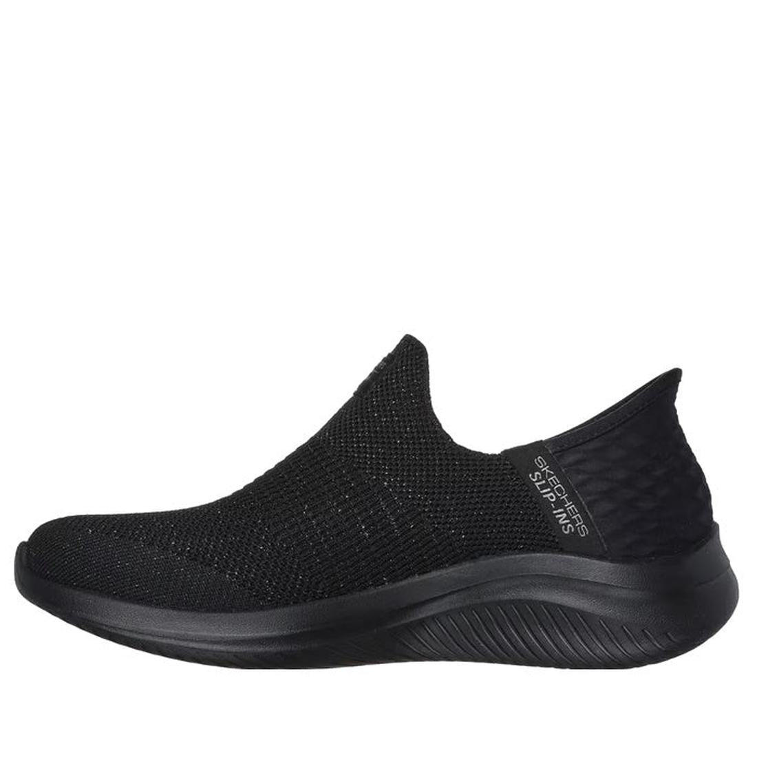 Black slip-on sneaker, right inside foot  with 'Skechers' branding on a white background,
196989108742,
196989108766,
196989108780,, 197627386911, 45884, 197627386935, 45886, 197627386959, 45888, 45889, 45890