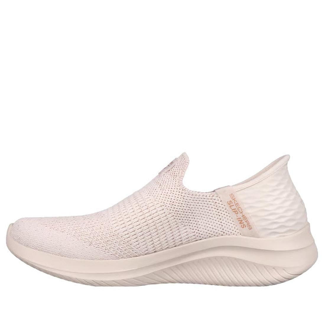 White slip-on sneaker, right foot inside view with 'Skechers' branding on a white background,
196989108742,
196989108766,
196989108780,, 196989108742, 45876, 196989108766, 45878, 196989108780, 45880, 45881, 45882