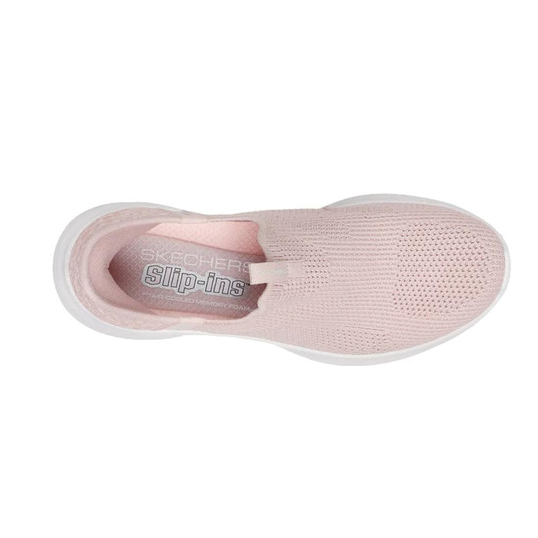 Pink slip-on sneaker with 'Skechers' branding on a white background, top down view, 
198376755188,
198376755195,
198376755201,
198376755218,
198376755225,
198376755249,
198376755256,, 45610, 45611, 198376755188, 198376755195, 198376755201, 198376755218, 1