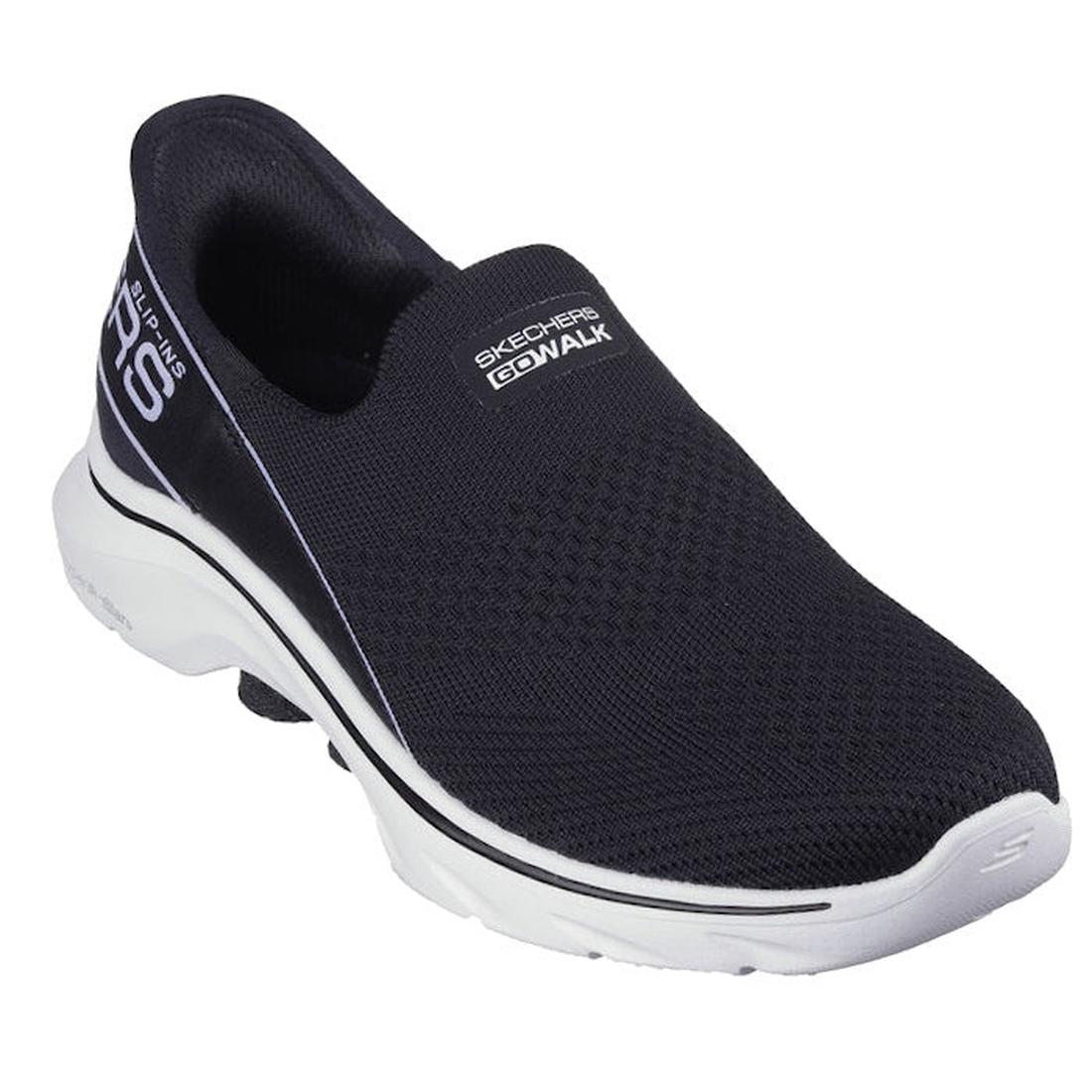 Skechers Women's Slip-Ins GO WALK 7 Mia black slip-on sneaker with a comfy white sole, easy closure, and Air-Cooled Memory Foam.  ksnz