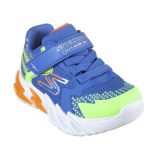 Skechers Toddlers Flex Glow Light Ups Bolt Blue sneakers with blue mesh, fun neon details, cushy white soles, laces, and Velcro strap.  ksnz