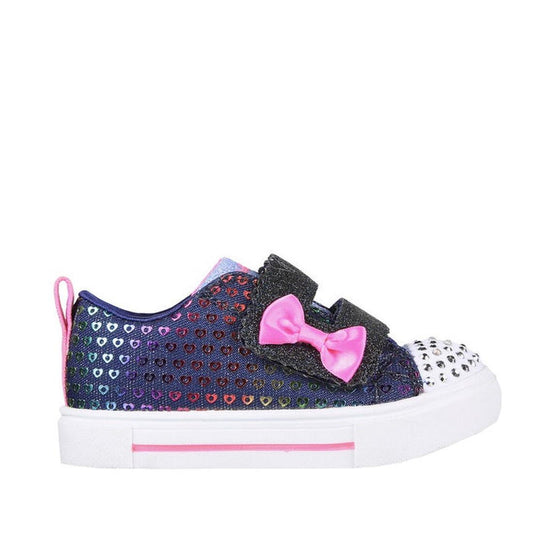 Skechers Toddler Light Up Sneakers Twinkle Sparks Heart Dreamer Navy: colorful sequins, glitter strap, pink bow, white sole, easy fit.  ksnz