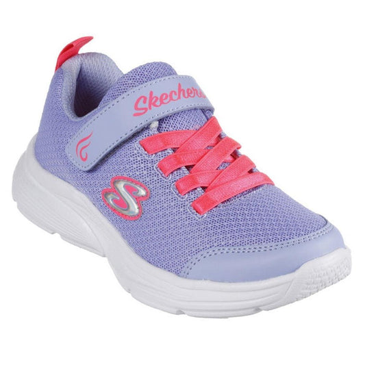 Skechers Toddlers Wavy Lites Blissfully Free Preiwinkle sneaker with purple-pink mesh, white sole, easy Velcro, and comfy insole.  ksnz
