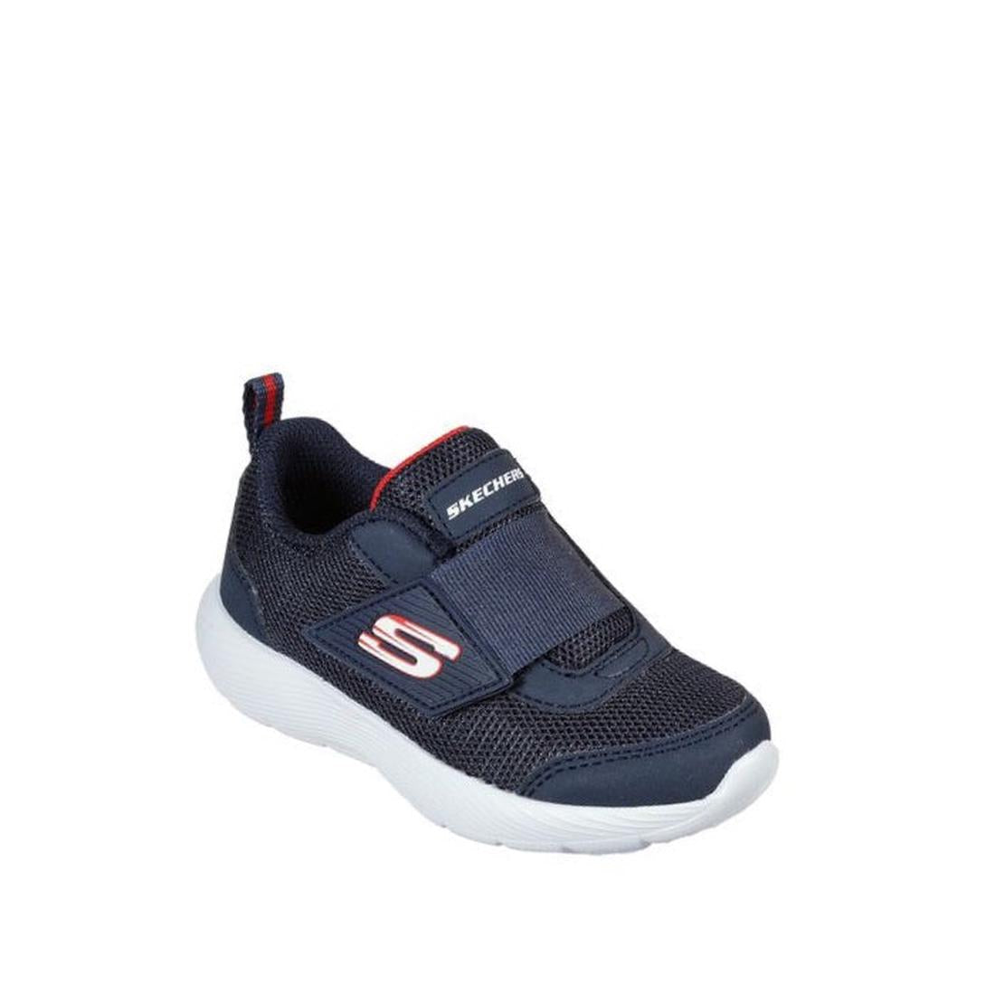 Skechers Toddlers Dyna Lite Varitix: cozy navy sneakers with a white sole, easy velcro strap, fun red accents, and S logo.  ksnz
