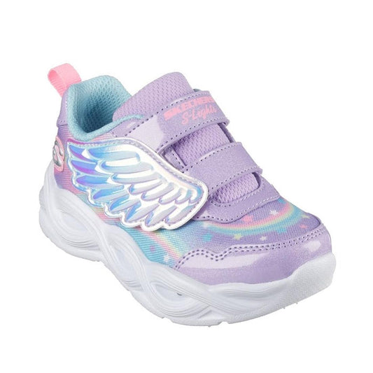 Skechers Toddlers Light Ups Twisty Glow Lavender sneakers glow with pastel purple, soft Velcro closure, cushioned comfort, and sturdy white sole.  ksnz
