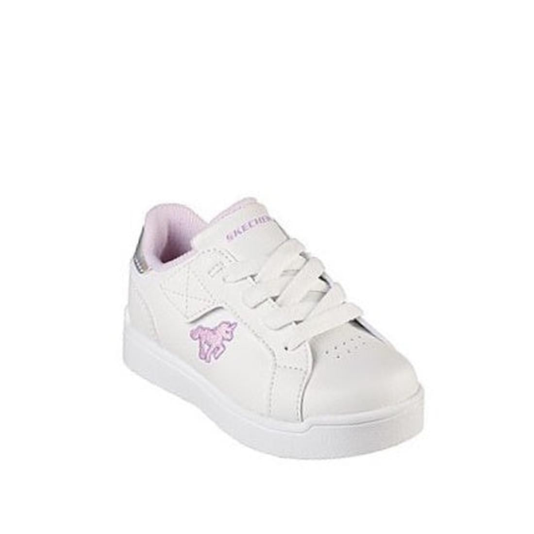 Skechers Kids Toddlers E Pro Lil Unicorn White Kicks—adorable white sneakers with purple lining, unicorn side detail, and rubber sole.  ksnz