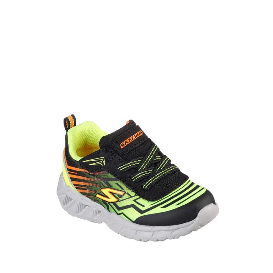 Skechers Light Ups Toddlers Magna Lights Maver Black Lime: sporty kids’ sneaker with black, lime & orange, white sole, easy lace closure.  ksnz