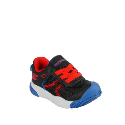 Skechers Toddlers Mighty Toes Lil Tread Sneaker Black: comfy sneaker with red laces, blue toe, sturdy blue-white sole, mesh accents.  ksnz