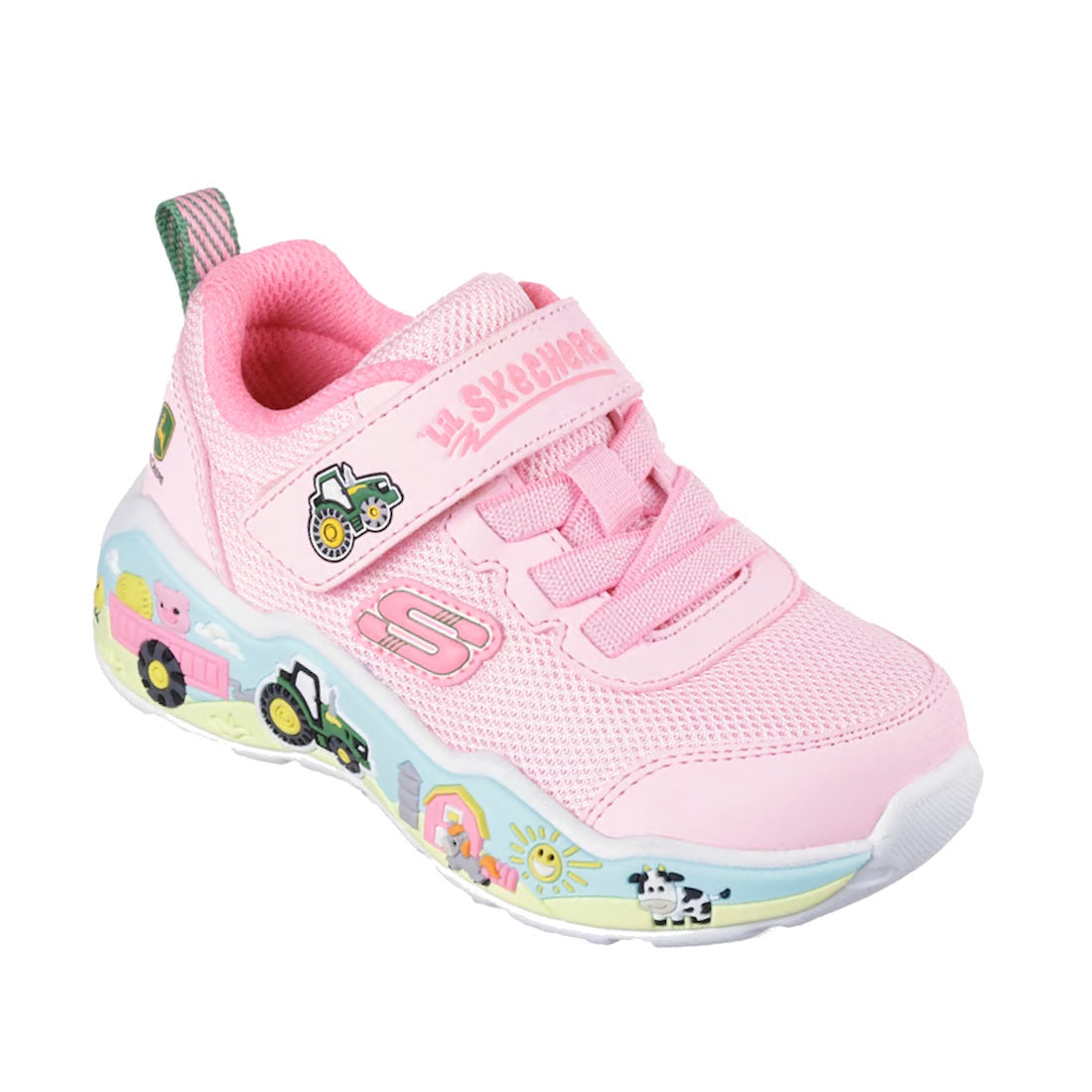 The Skechers Kids Toddlers John Deere Trainers Play Scene Farm Girlie Pink feature a Velcro strap, mesh fabric, and playful farm graphics—tractors, barns, pigs, and cows—on the white sole and sides, plus the Skechers logo.