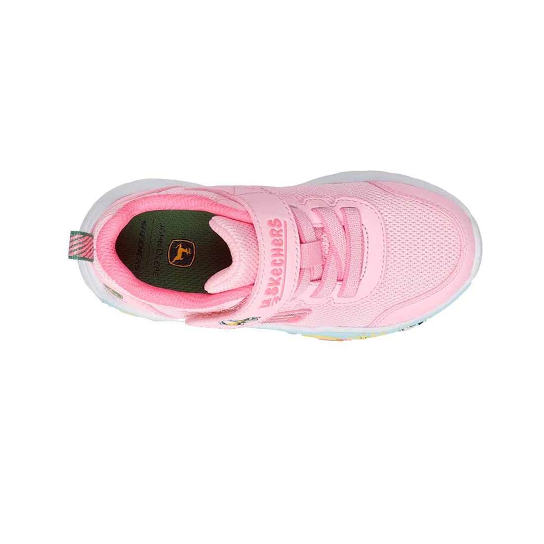 Top view of Skechers Kids Toddlers John Deere Trainers Play Scene Farm Girlie Pink—pink sneaker with Velcro strap, mesh fabric, white sole, colorful accents, and Skechers logo on the tongue; a playful farm-themed shoe., 199025936804, 199025936811, 1990259