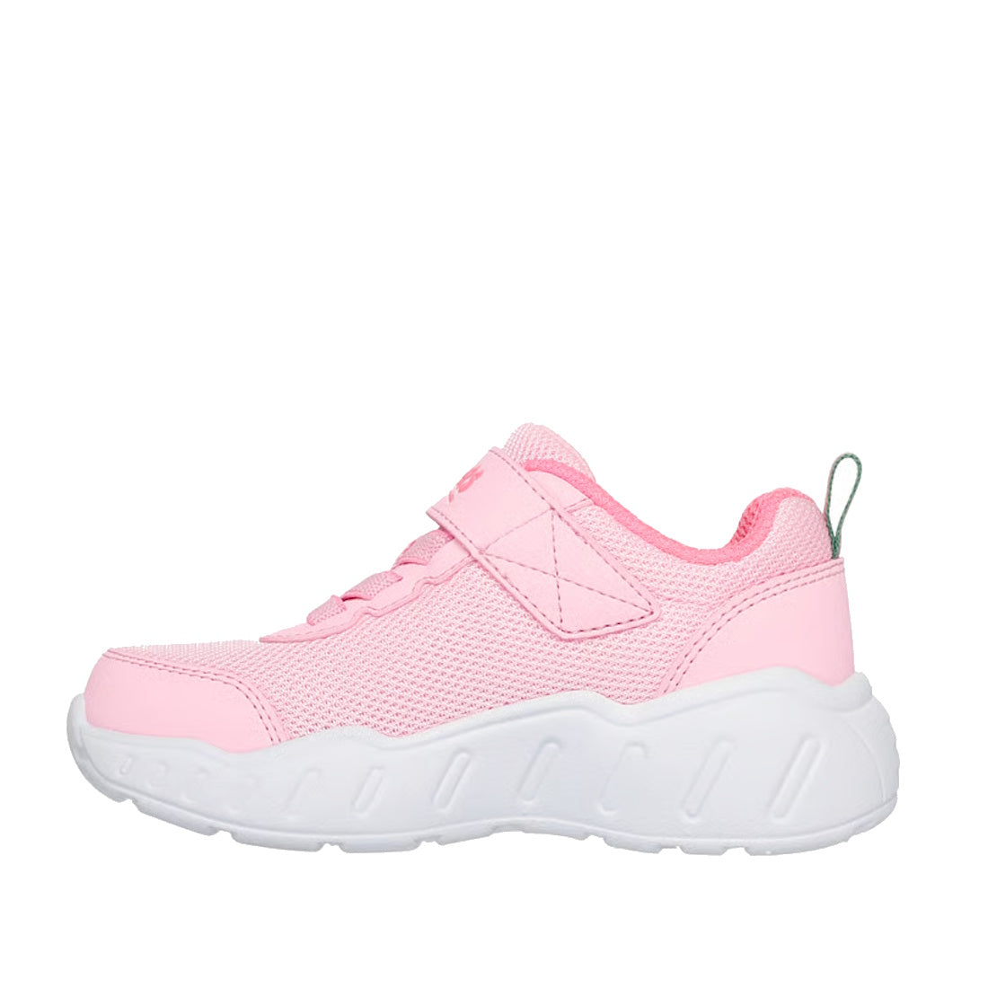 The Skechers Kids Toddlers John Deere Trainers Play Scene Farm Girlie Pink features a pink mesh and synthetic upper, white sole, hook-and-loop strap, elastic laces, and pull tab at heel. Shown from the side on a white background., 199025936804, 1990259368