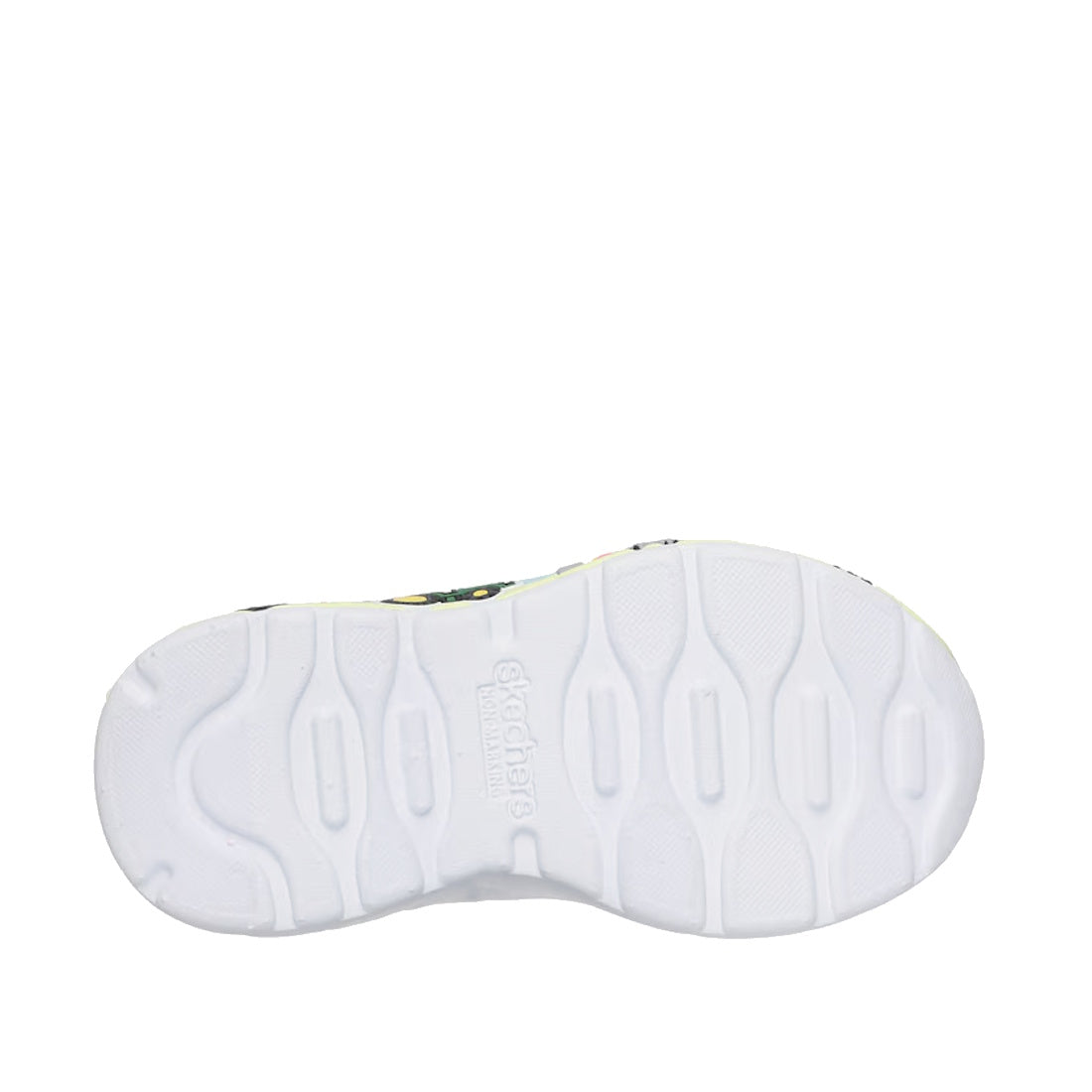 The image shows the bottom view of a white shoe sole with a wavy tread and "Skechers" embossed, from the Skechers Kids Toddlers John Deere Trainers Play Scene Farm Girlie Pink collection., 199025936804, 199025936811, 199025936828, 199025936835