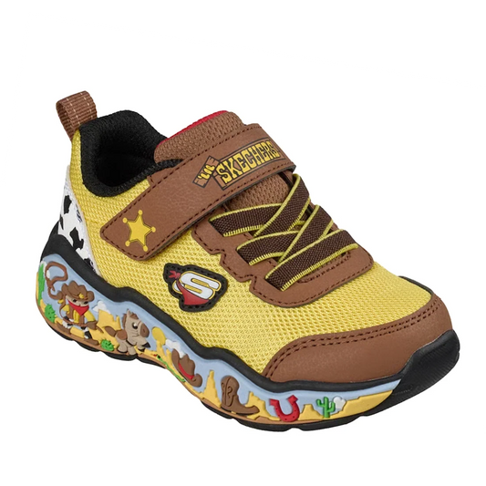 Inspired by Woody from Toy Story, the Skechers Toddlers Play Scene Sheriff Trainer Brown features yellow mesh, brown trim, a sheriff badge, and playful western-themed designs on the sole—including cartoon animals and cacti. Designed with a cushioned comfo