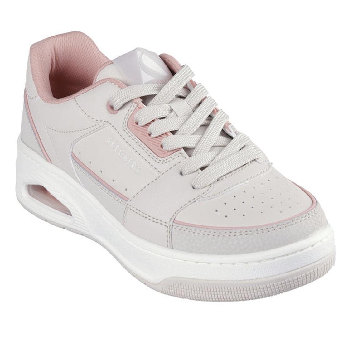 The Skechers Uno Court Courted Style Off White Coral features light pink and white colors, perforated toe detailing, pink accents, a thick white sole with a heel cut-out, and cushioned Air-Cooled Memory Foam for comfort.