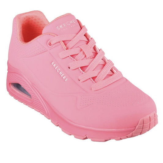 Skechers Uno Stand On Air Coral Women's Trainer: comfy lace-up sneaker in coral, with airy cushioned sole and soft memory foam.  ksnz