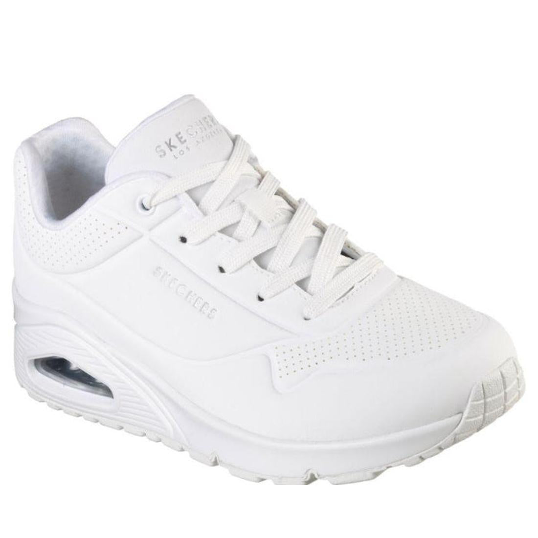 Skechers Uno Stand On Air WIDE Width Women’s Trainer in white, with thick cushioned sole, breathable toe, and comfy white laces.  ksnz