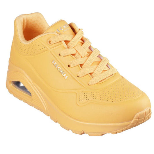 The Skechers Uno Stand On Air Womens Trainer Orange features an air-cushioned sole, Air-Cooled Memory Foam for comfort, perforated toe details, a thick sole, and matching orange laces.