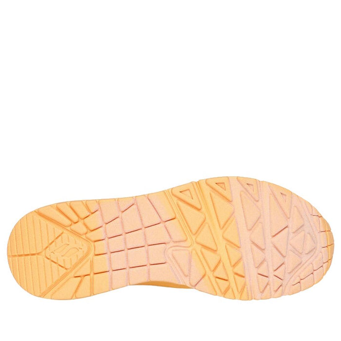 The image displays the sole of the Skechers Uno Stand On Air Womens Trainer in orange, featuring a geometric tread pattern with rectangles and triangles for traction and grip, along with air-cushioned comfort., 42039, 42040, 193642531305, 42042, 193642531