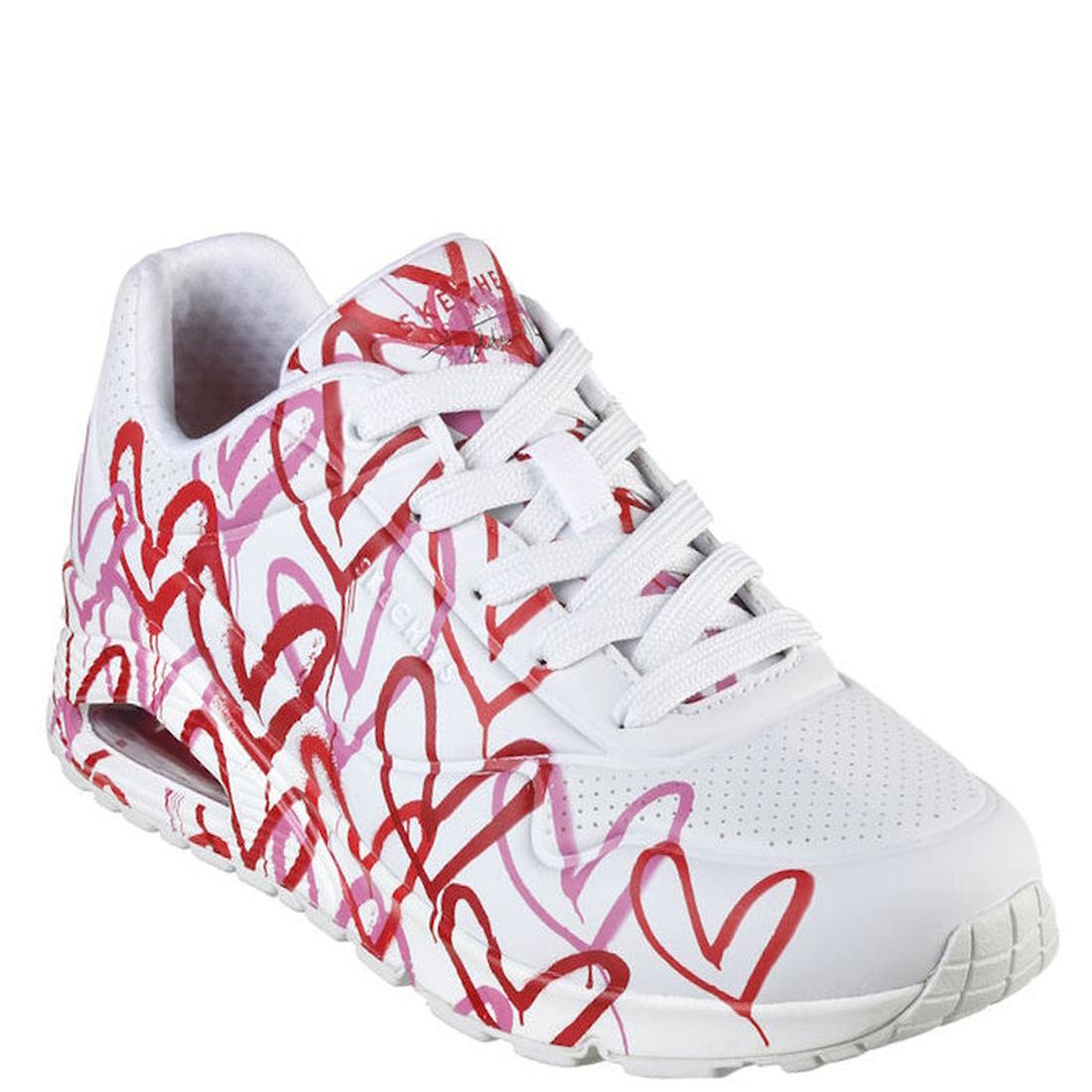 Skechers Uno Spread The Love X JGoldcrown sneakers: white with pink & red hearts, comfy cushioned sole, easy lace-up closure.  ksnz