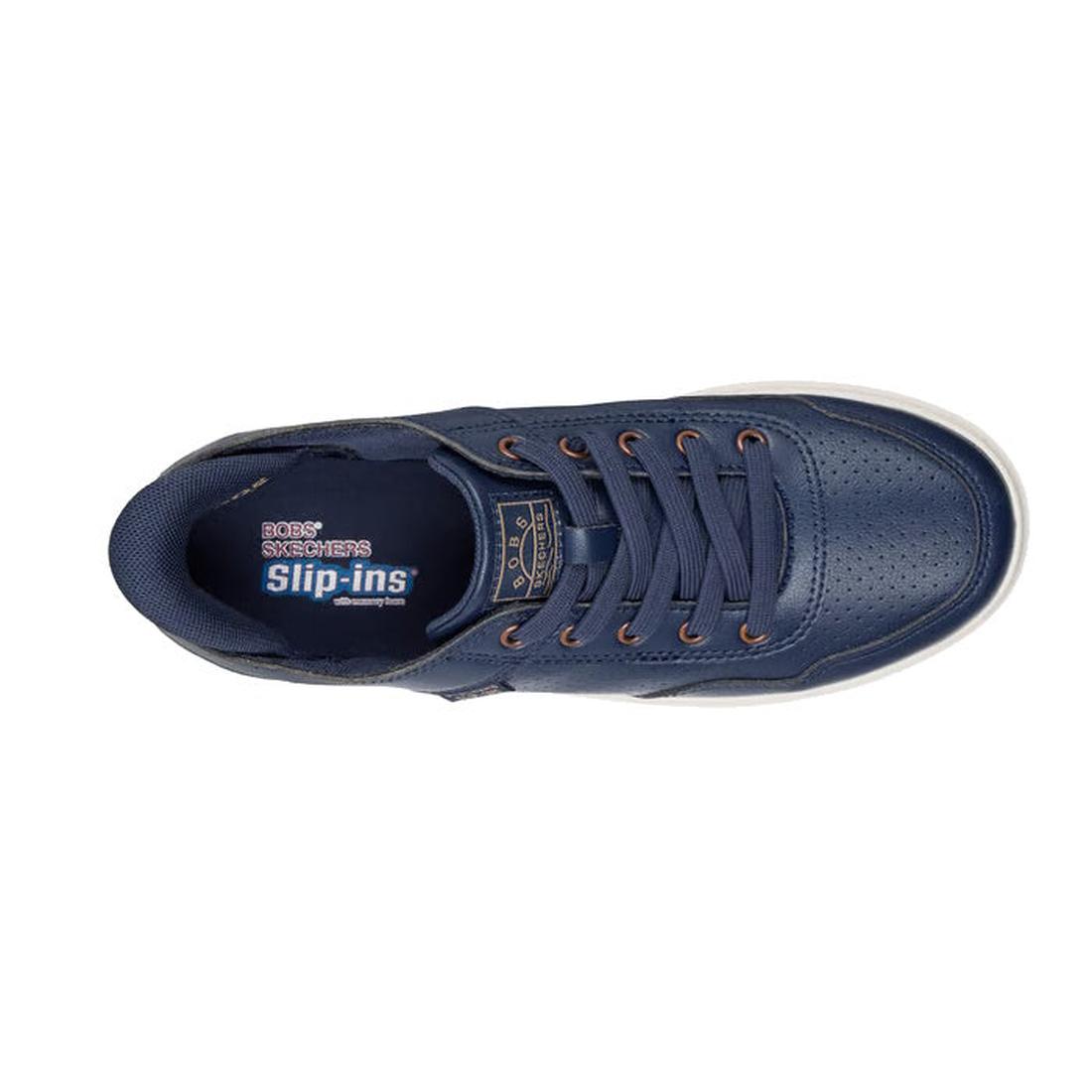 Top view of Skechers Wide Width Bobs D'Vine So Flattered Navy Slip In Trainer with perforated toe, navy laces, white sole, and insole featuring Skechers logo, Slip-ins branding, and Memory Foam for all-day comfort., 45502, 45503, 199025138970, 45505, 1990