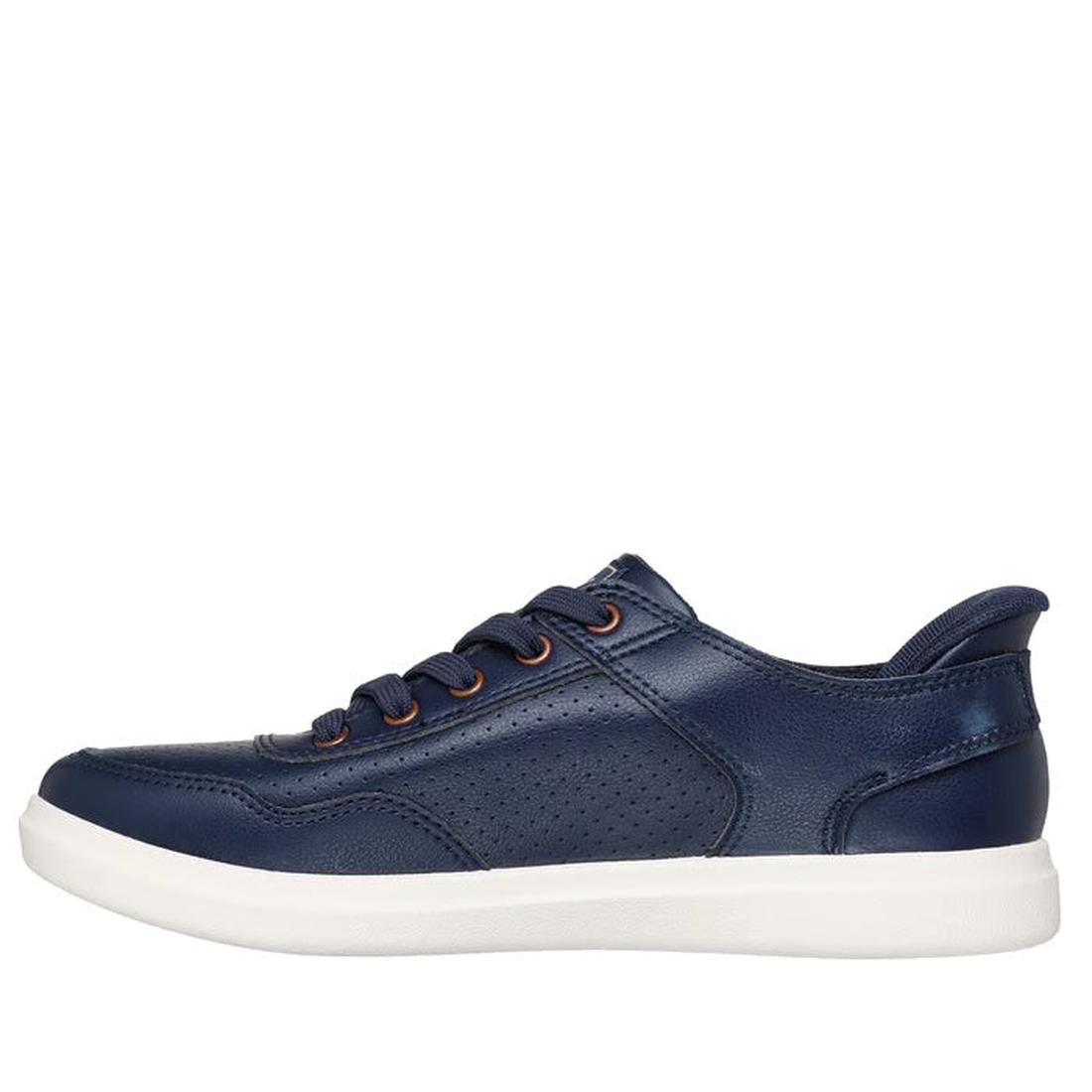 The Skechers Wide Width Bobs D'Vine So Flattered Navy Slip In Trainer is shown in side profile on a white background, featuring navy leather, a white rubber sole, perforated sides, matching laces, and Skechers Memory Foam for comfort., 45502, 45503, 19902
