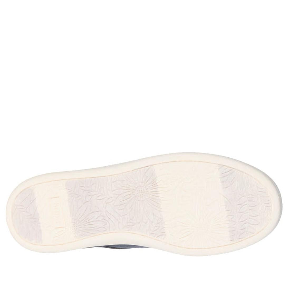 The image shows the sole of the Skechers Wide Width Bobs D'Vine So Flattered Navy Slip In Trainer, featuring light-colored rubber with a subtle floral pattern and slightly raised edges for comfort reminiscent of Skechers Memory Foam., 45502, 45503, 199025