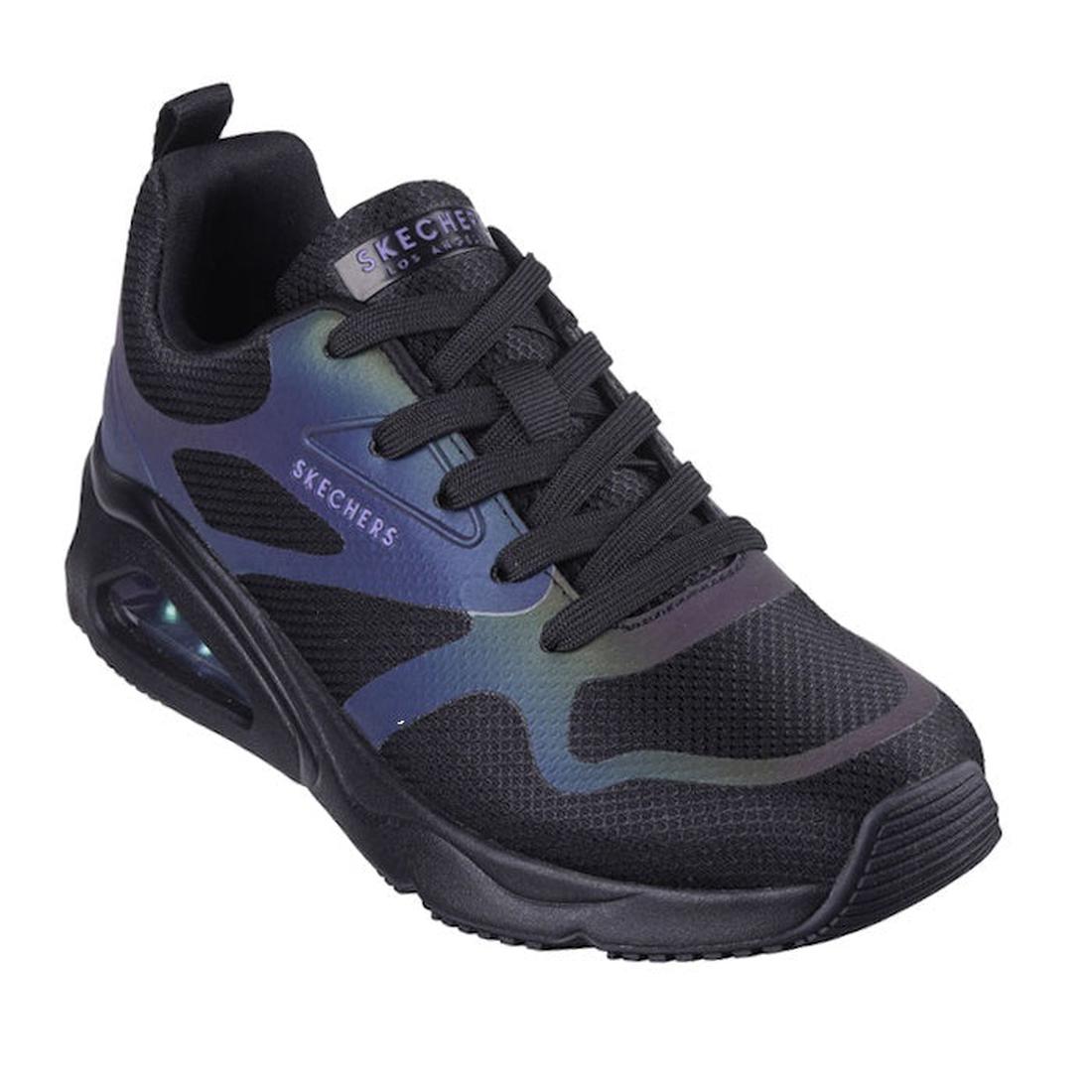 Skechers Womens UNO Tres-Air - Simmer N Glow Black sneaker with black mesh, blue-green shine, secure laces, and air-cushioned sole.  ksnz