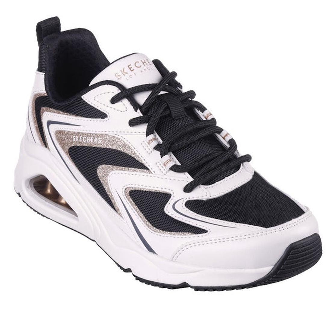 Skechers Womens UNO Tres-Air - Shimm-Airy Sneaker in White Gold, a comfy lace-up with shiny accents, cushioned sole, and airy mesh.  ksnz