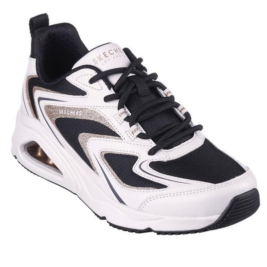 Skechers Womens UNO Tres-Air - Shimm-Airy Sneaker in White Gold, a comfy lace-up with shiny accents, cushioned sole, and airy mesh.  ksnz