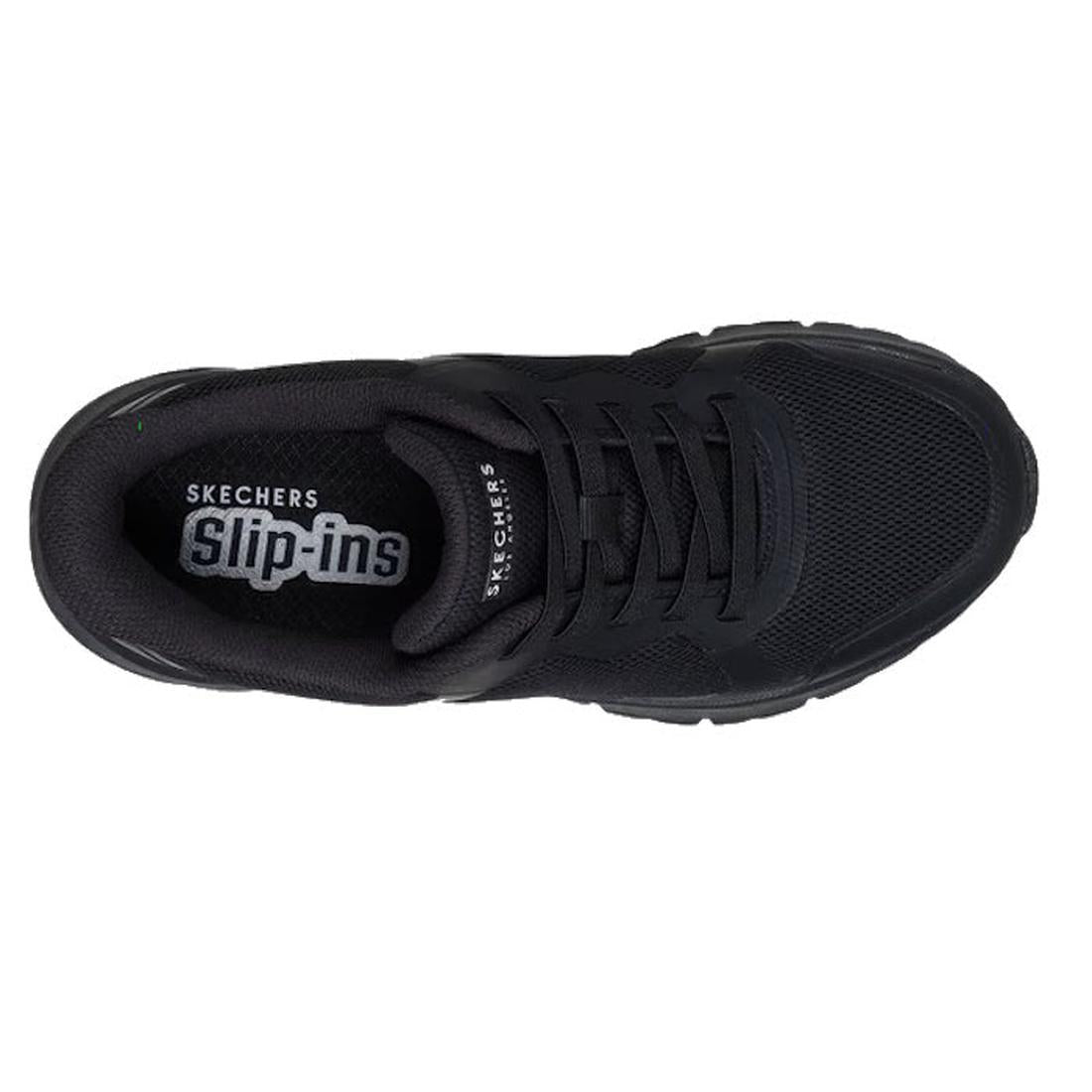 Top view of the Skechers Womens Uno Flex Ivorine Slip In Black sneaker, featuring black laces, mesh upper, visible Skechers Slip-ins logo on the insole, and memory foam cushioning for comfort and easy slip-in style., 198739065466, 198739065480, 1987390655