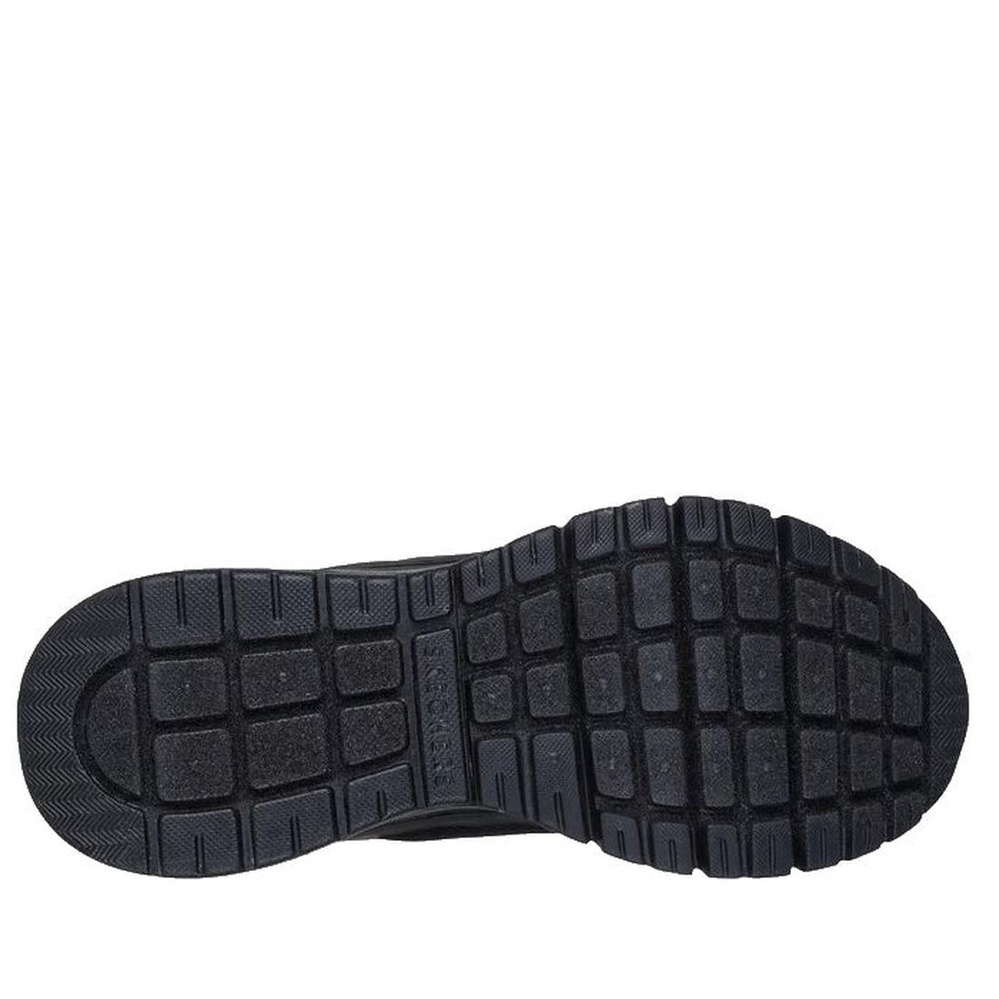 The image displays the black rubber sole of the Skechers Womens Uno Flex Ivorine Slip In Black from below, highlighting a grid-patterned tread with rectangular and square shapes for added traction., 198739065466, 198739065480, 198739065503, 198739065527, 