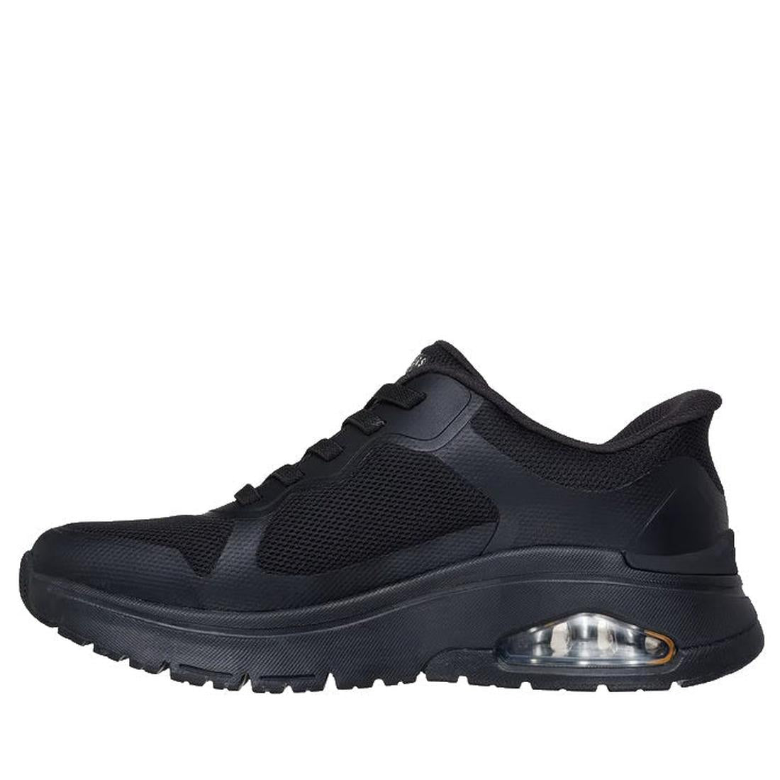 The Skechers Womens Uno Flex Ivorine Slip In Black is a lace-up sneaker with a mesh upper, rubber sole, visible heel air cushion, memory foam comfort, and a chunky treaded sole for added support., 198739065466, 198739065480, 198739065503, 198739065527, 50