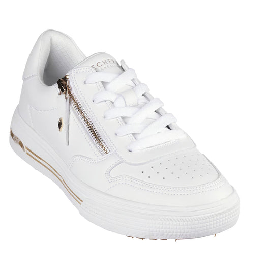 The Skechers Arch Fit-Arcade Stroll'N Street Shoe in white features a sleek leather design for women, highlighted by a convenient side zipper with gold accents, white laces, perforated toe detailing, and a supportive memory foam insole for all-day comfort