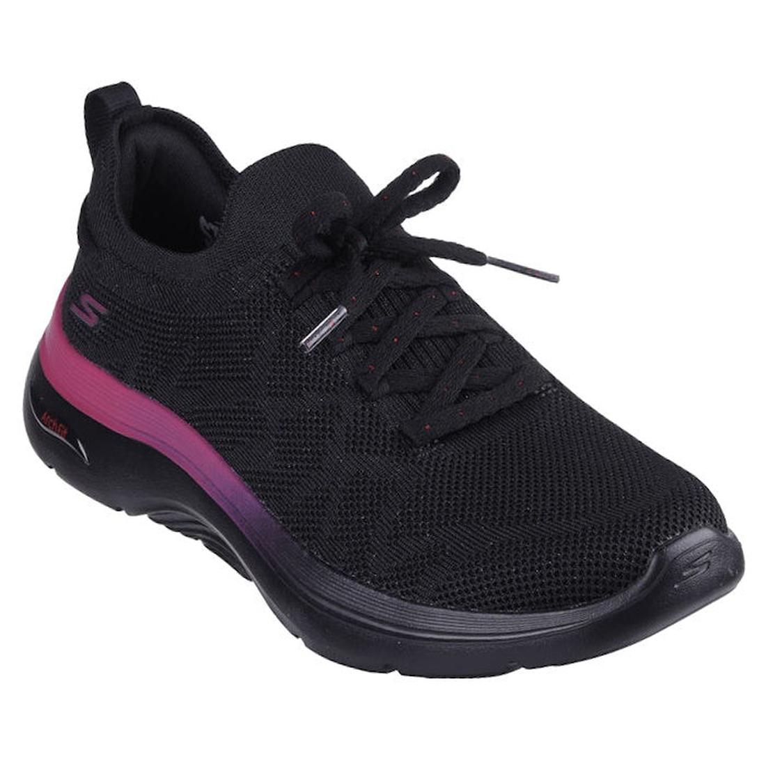 The Skechers Go Walk Arch Fit 2.0 Bel Black Hot Slip On is a black mesh athletic shoe with black laces and a pink-to-purple gradient accent on the sole, featuring logo details and signature arch support design.