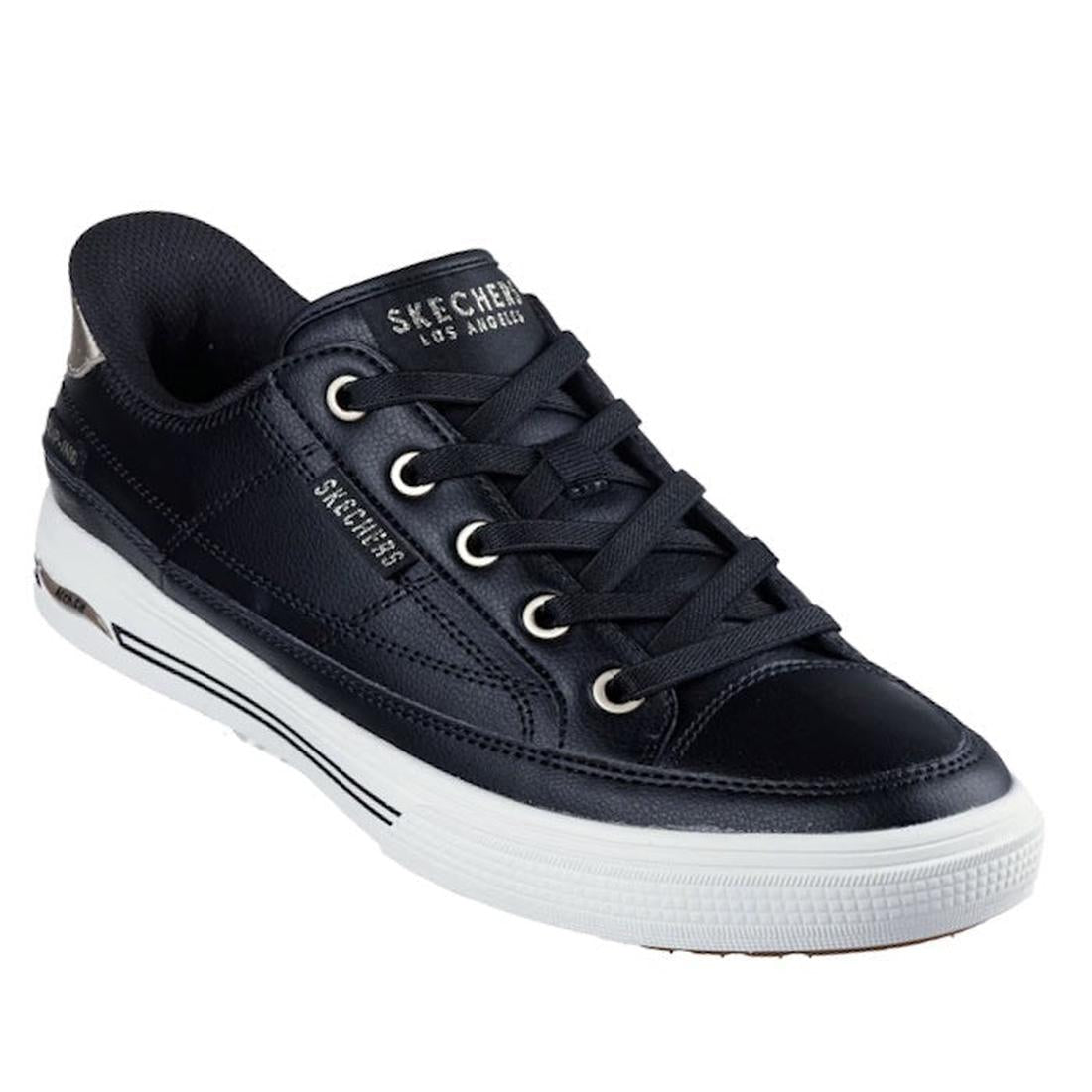 The Skechers Arch Fit-Arcade Catch Ya There Sneaker Black is a low-top, black sneaker with a white sole, black laces, Skechers Los Angeles branding on the tongue and side, visible stitching, and cushioned comfort for all-day wear.