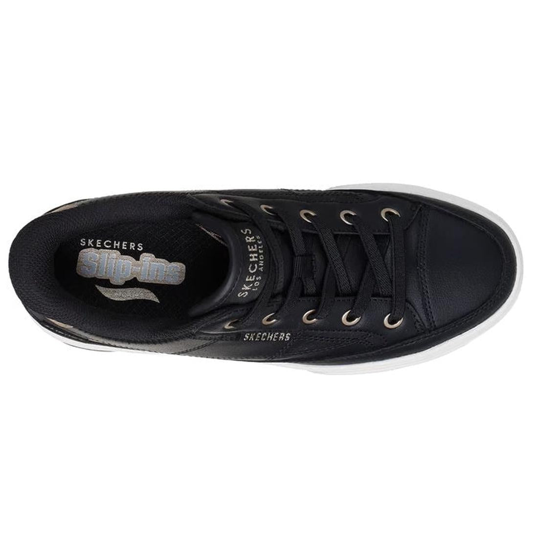 Top view of the Skechers Arch Fit-Arcade Catch Ya There Sneaker Black, a slip-on with black laces, metallic eyelets, and a white sole. The insole and tongue feature visible Skechers Arch Fit logos and "Slip-ins" text., 52242, 199025086332, 199025086356, 1