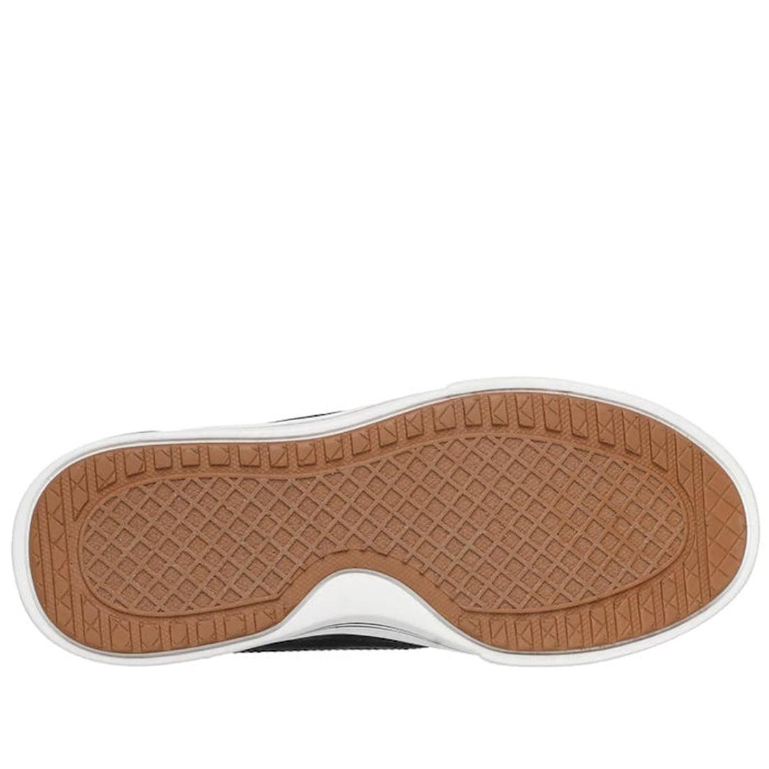 The image shows the bottom view of the Skechers Arch Fit-Arcade Catch Ya There Sneaker Black with a brown rubber sole, diamond-patterned tread, and white border, designed for cushioned comfort., 52242, 199025086332, 199025086356, 199025086370, 19902508639