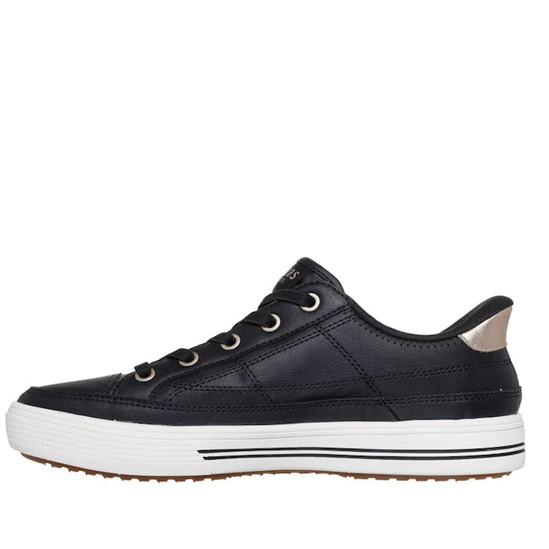 The Skechers Arch Fit-Arcade Catch Ya There Sneaker in black features a white rubber sole, metallic eyelets, silver heel accent, cushioned comfort, black laces, and a stitched side pattern for stylish all-day support., 52242, 199025086332, 199025086356, 1