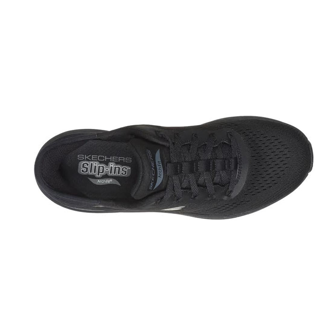 Top view of the Skechers Arch Fit 2.0 Slip In WIDE FIT Lace Up Easy Chic Black shoe, featuring black laces, a breathable mesh upper, Arch Fit insole for comfort and support, and wide width sizing for a better fit., 50572, 198376162054, 198376162078, 19837
