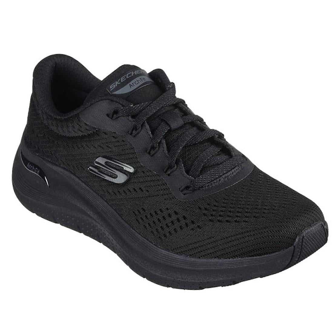 Skechers Arch Fit Lace Up Big League Black—women’s black sneaker with mesh upper, sturdy raised sole, and easy black laces.  ksnz