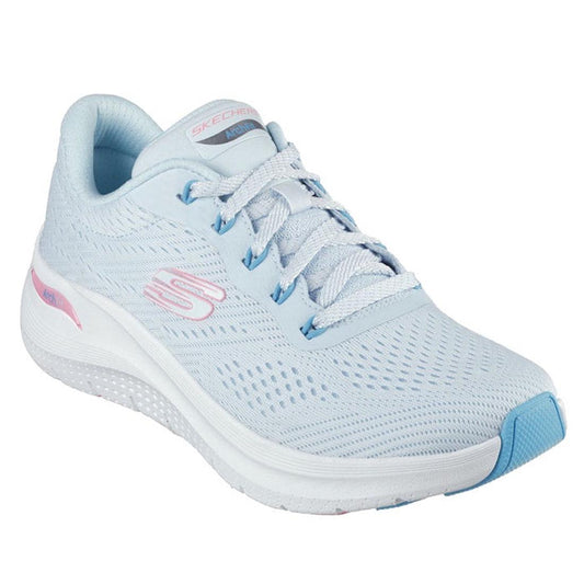 Skechers Arch Fit Lace Up Big League women’s sneakers in light blue with pink details, white sole, comfy lace-up and arch support.  ksnz