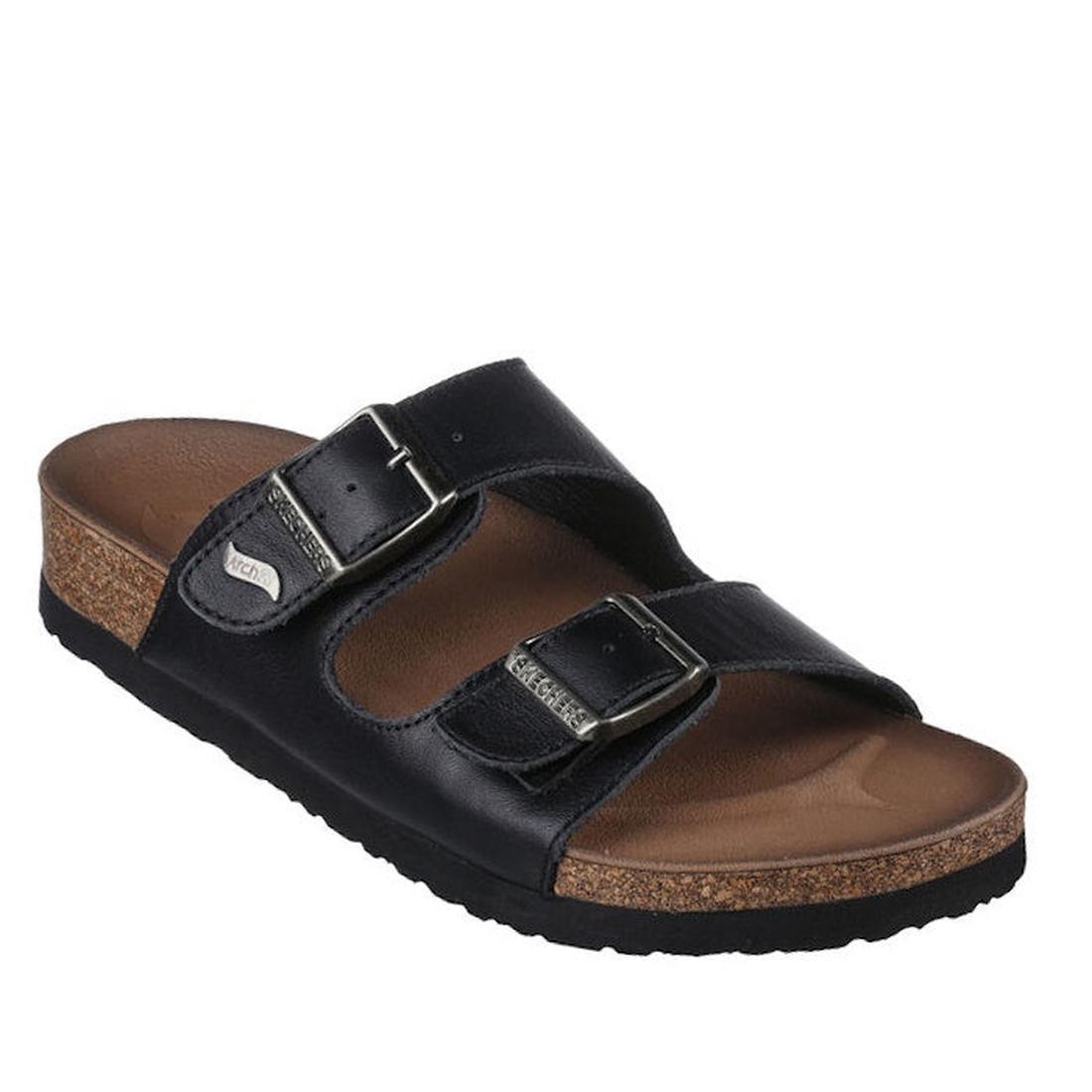 Skechers Womens Arch Fit Granola Slide in black leather with comfy buckled straps, supportive cork footbed, and sturdy black sole.  ksnz